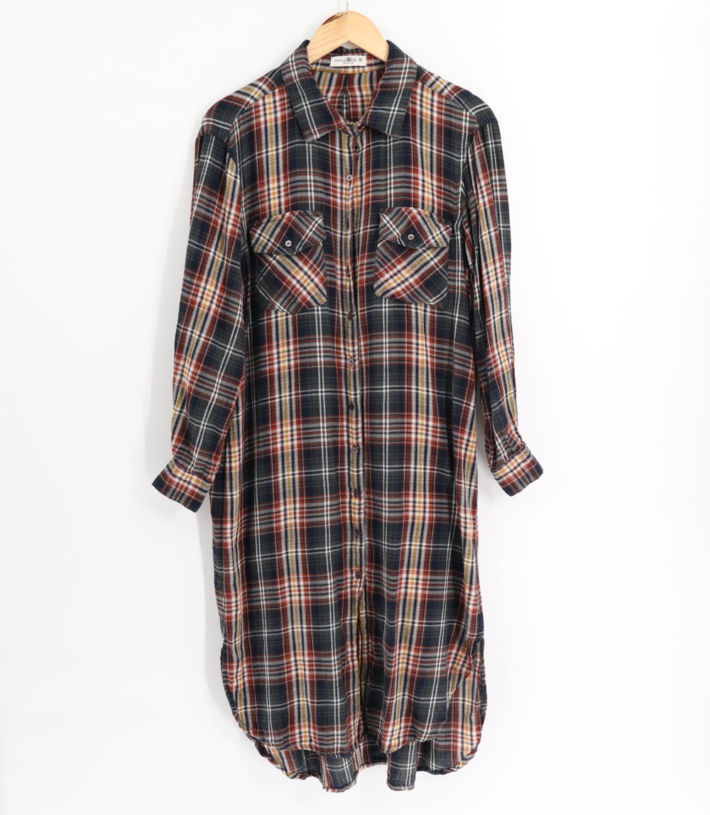 Natural Life Sz M Plaid Flannel Shirt Dress Cotton Button Front Midi Duster